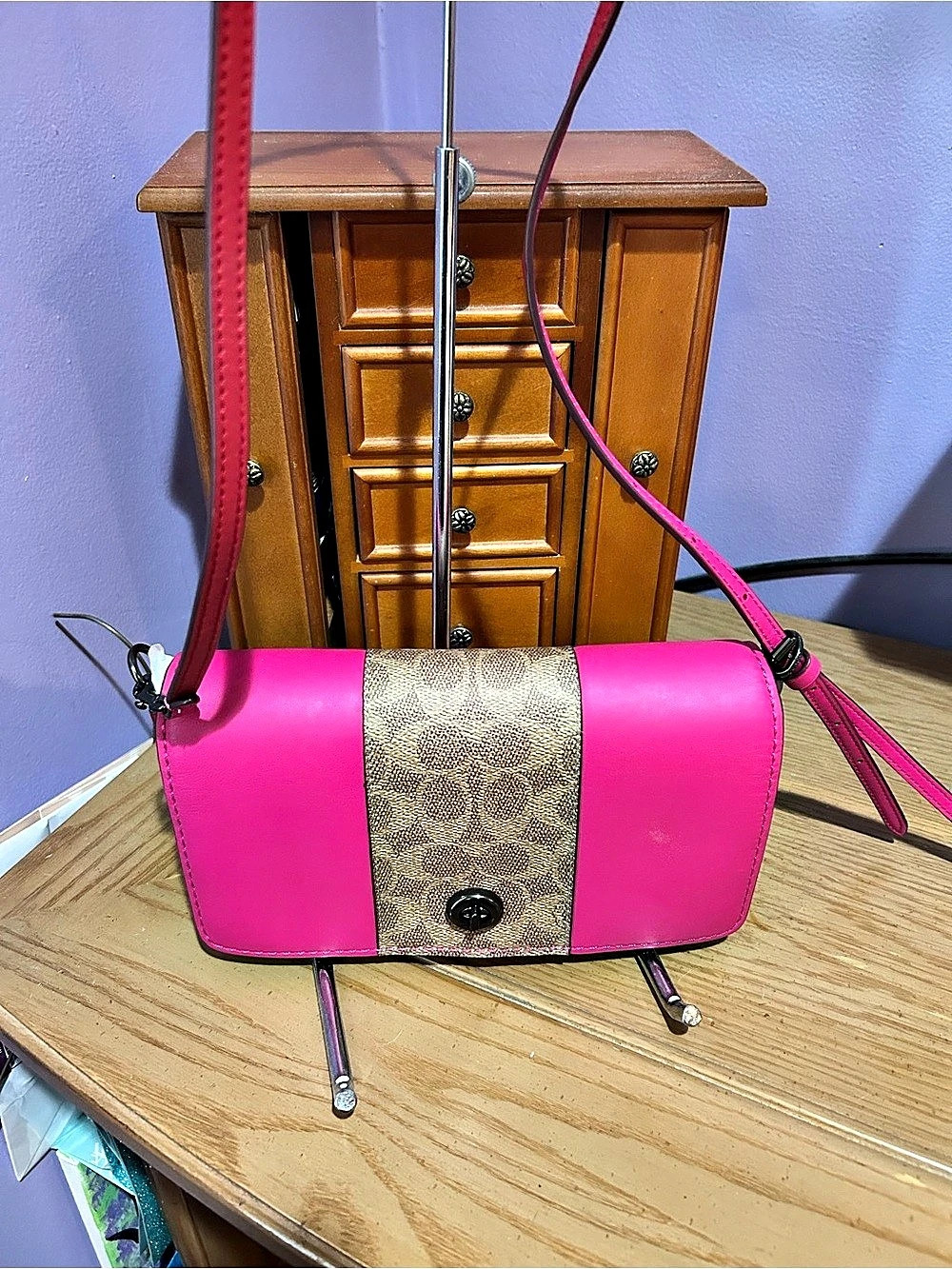 COACH DINKY Turnlock Crossbody In Signature Canvas Pink & Brown Bag 76368